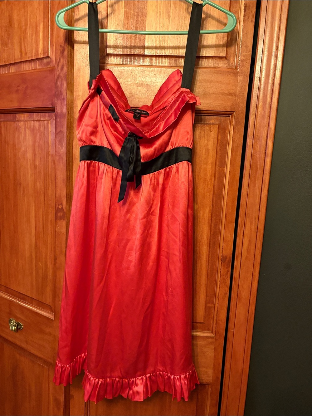 Vintage Betsey Johnson Coral-Red Silk Dress with Black Waist Sash